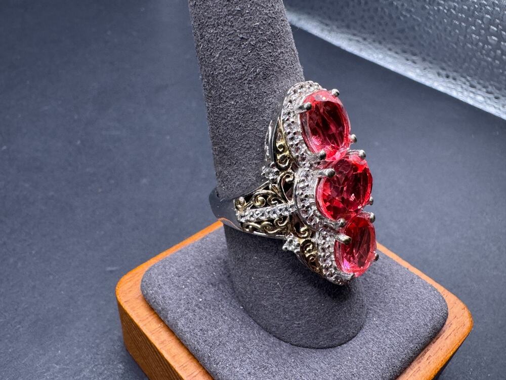 STS Chuck Clemency Sterling Silver 925 Two Tone Ruby 3 Stones Cocktail Ring Sz 9